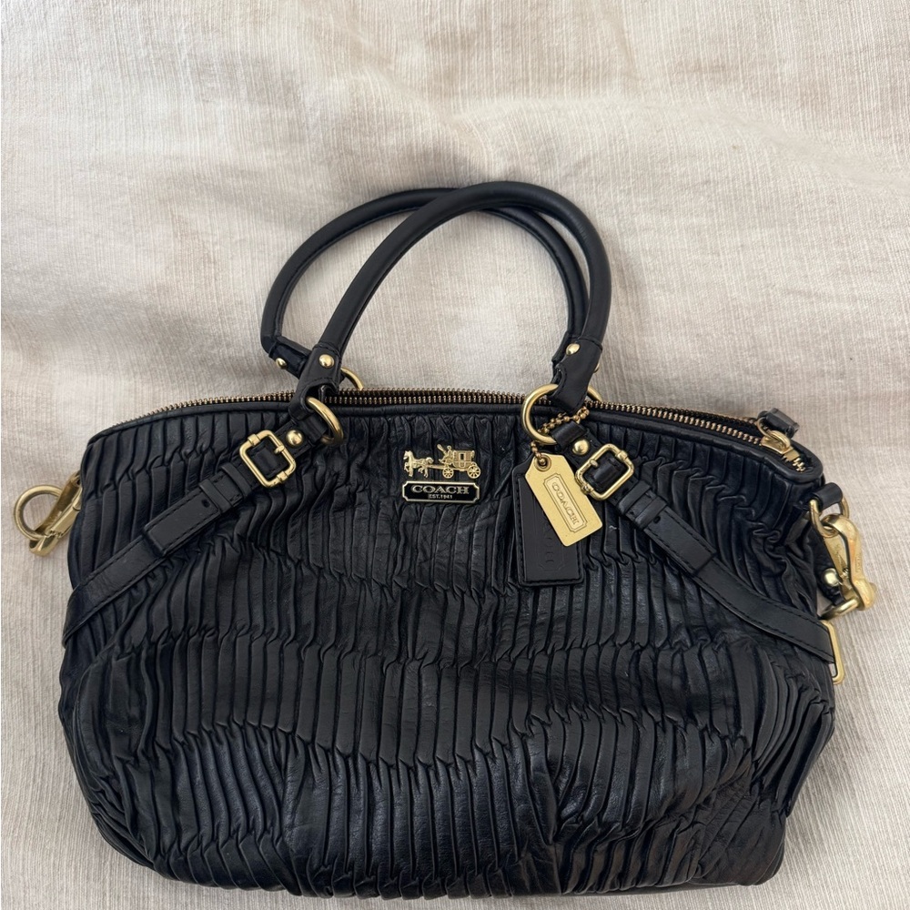 Coach Black Ruched Leather Shoulder Bag with Gold Hardware